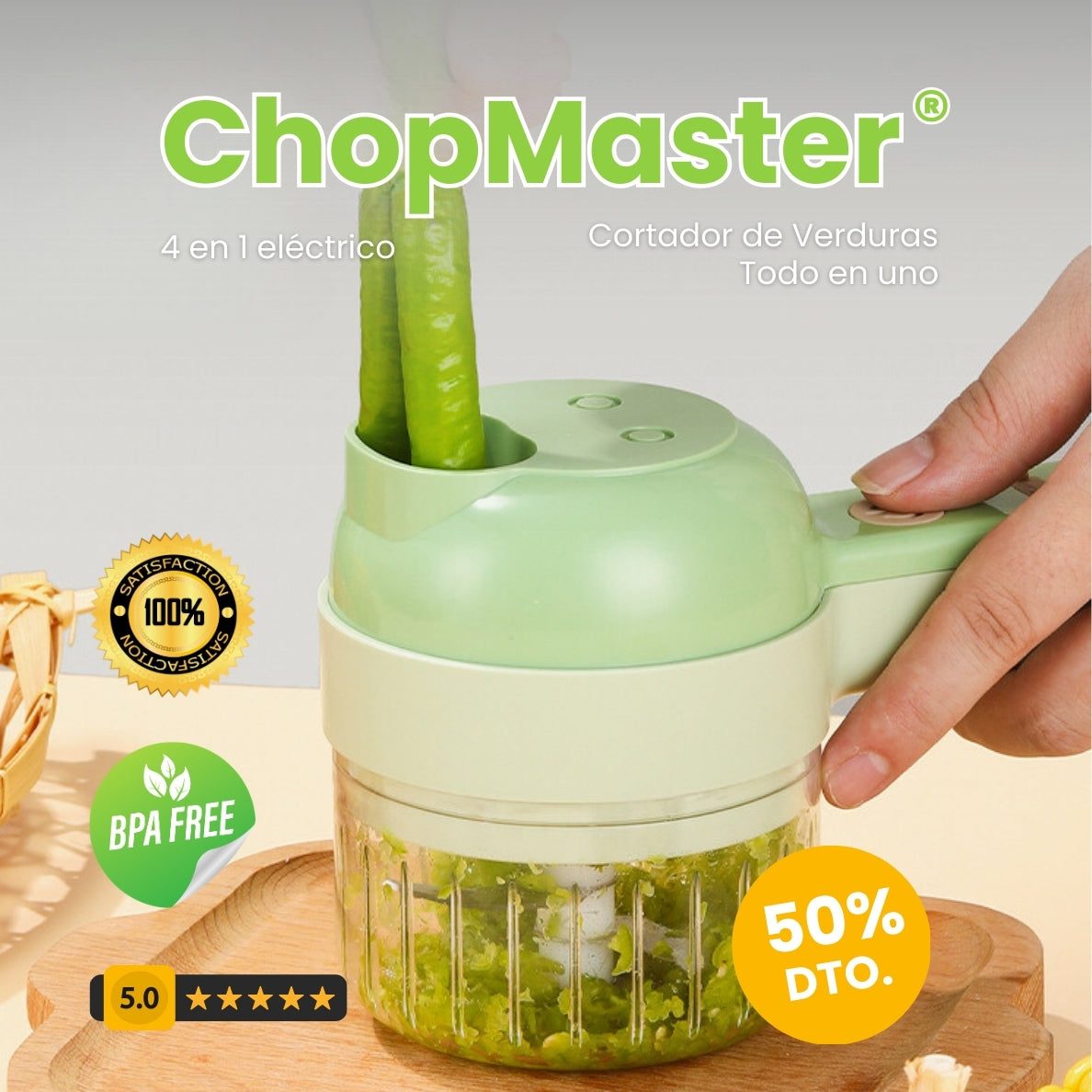 Chopmaster: Cortador de Verduras 4 en 1 Eléctrico